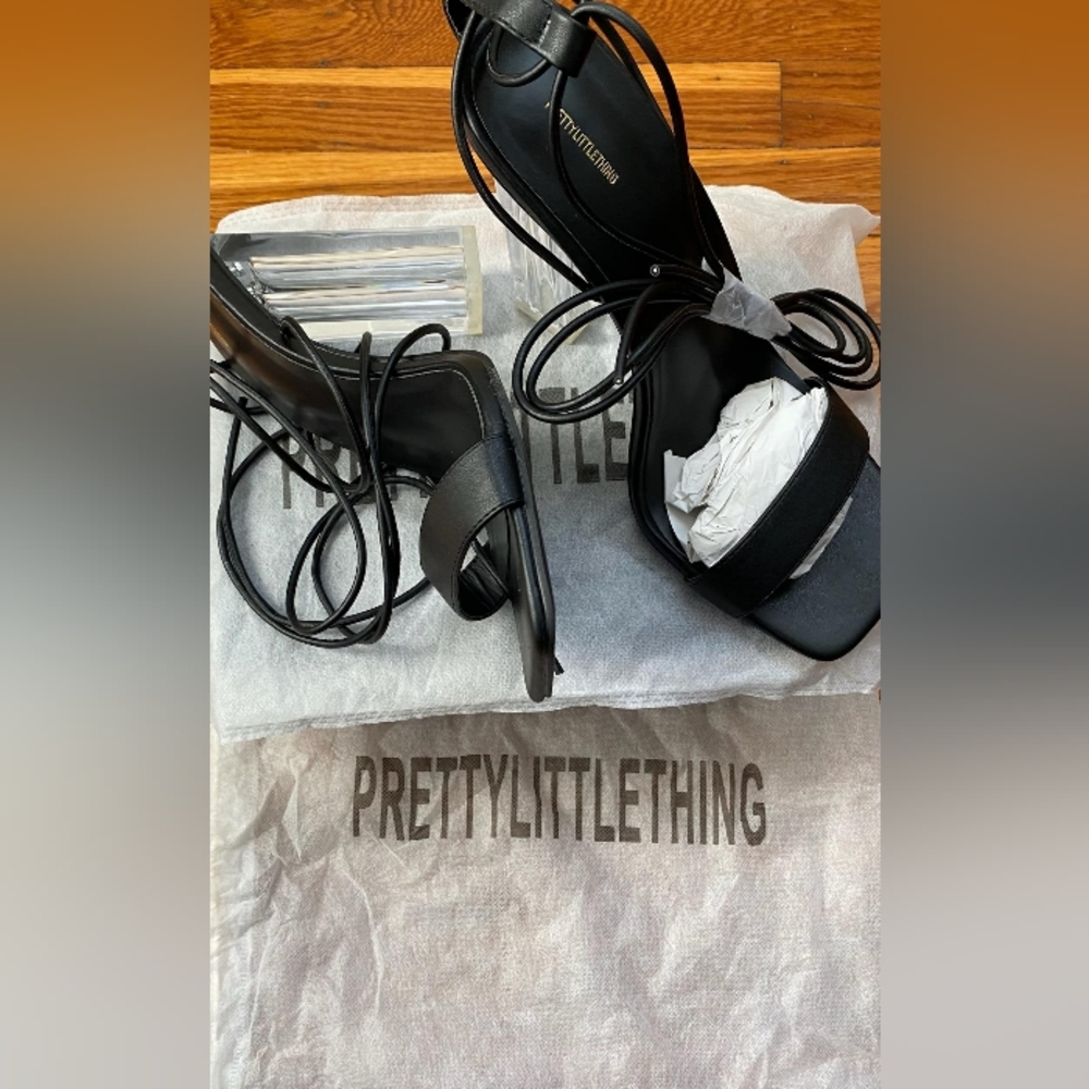 Pretty Little Thing Black Lace Up High Clear Block Heels, Black, US 10 - Picture 2 of 5